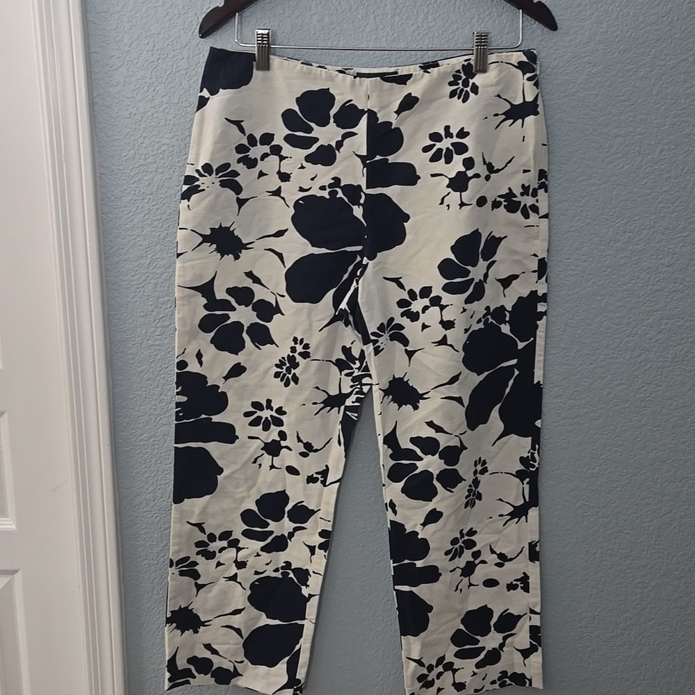 VTG RALPH LAUREN White Cropped Barbados Pants In Graphic Navy Floral Print Sz 10